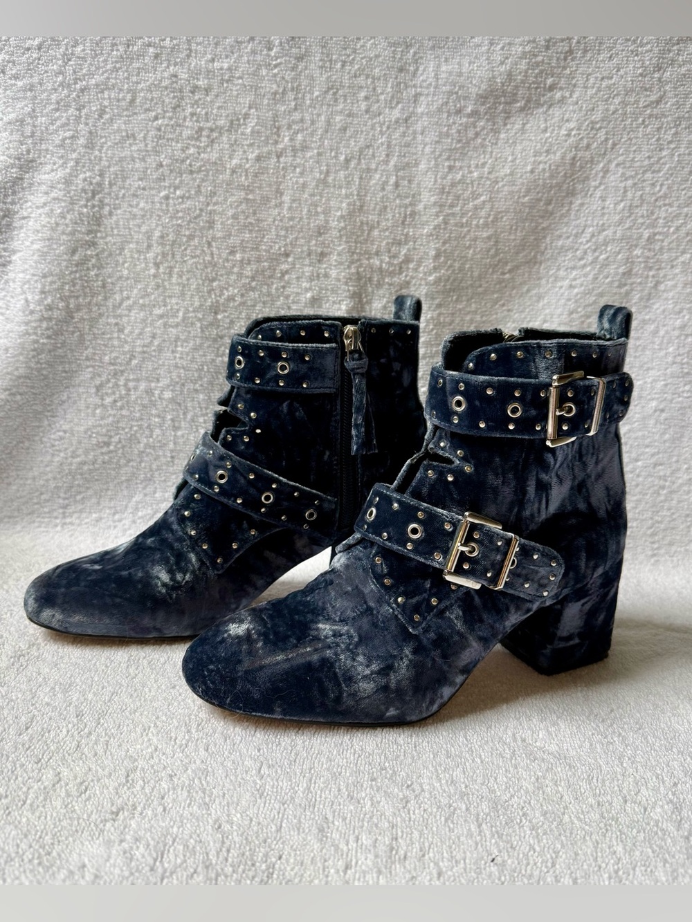 Rebecca Minkoff Logan Blue Velvet Studded Buckle Ankle Boots